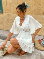 Dress Women V Neck Loose Fit Ruffled Lace Detail Design - Evergreen Outfits - Women Mini Dress