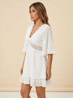 Dress Women V Neck Loose Fit Ruffled Lace Detail Design - Evergreen Outfits - Women Mini Dress
