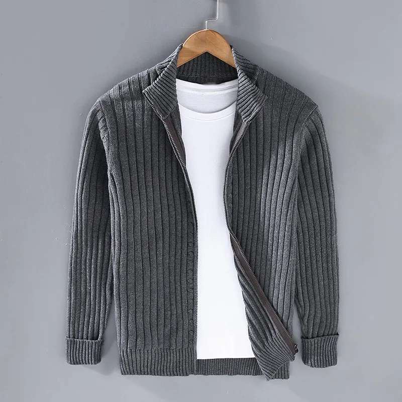 Men Cardigan | Full-Zip Relaxed Fit with Stand Collar