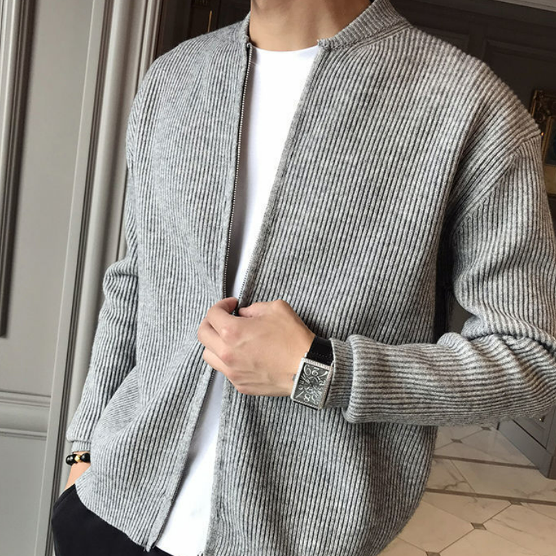 Men Cardigan | Full Zip Ribbed Knit with Stand Collar