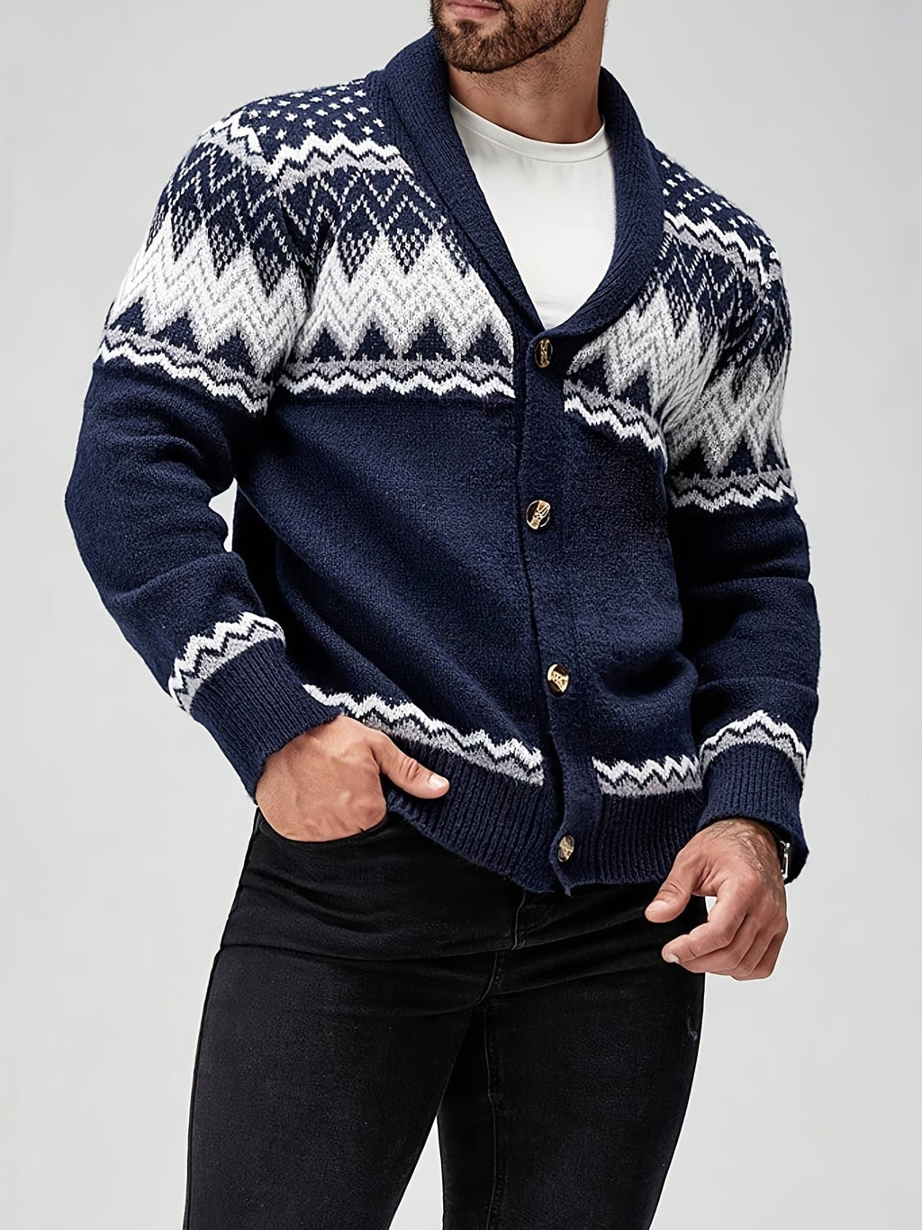 Men Cardigan | Shawl Collar Fair Isle Pattern Button Front