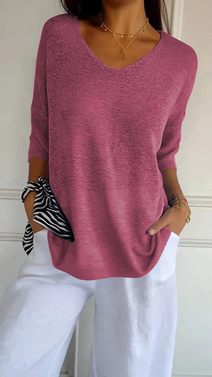 Women Sweater | Ribbed V-Neck Pullover with Long Sleeves