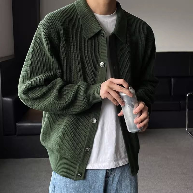 Men Cardigan | Ribbed Knit with Collared Button-Front