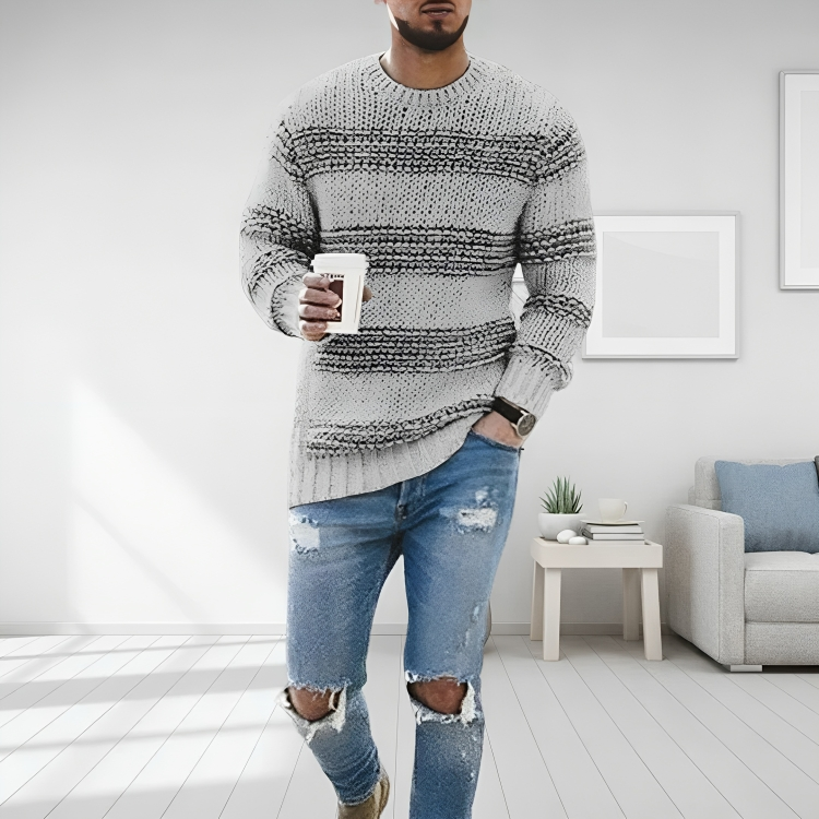 Men Sweatshirt | Striped Cable Knit with Ribbed Crew Neck