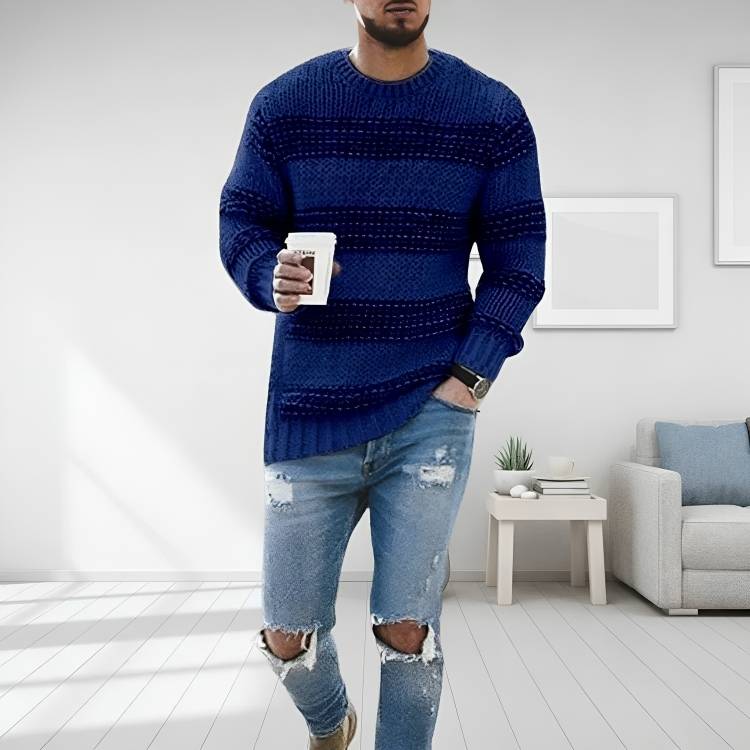 Men Sweatshirt | Striped Cable Knit with Ribbed Crew Neck