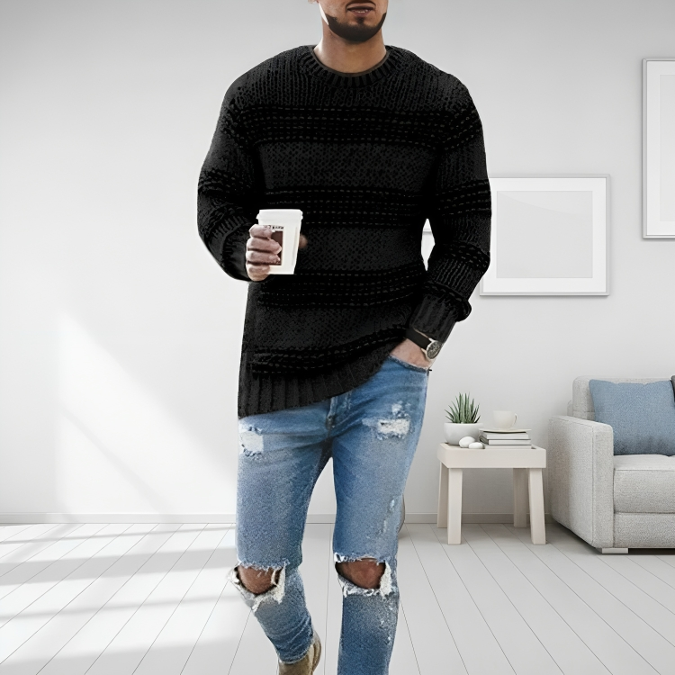 Men Sweatshirt | Striped Cable Knit with Ribbed Crew Neck