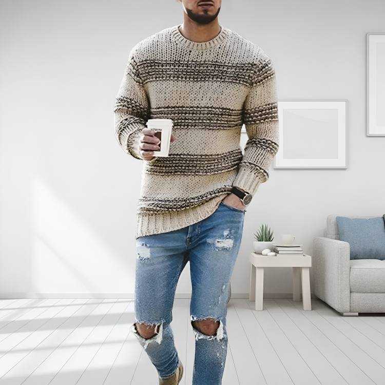 Men Sweatshirt | Striped Cable Knit with Ribbed Crew Neck