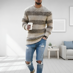 Men Sweatshirt | Striped Cable Knit with Ribbed Crew Neck