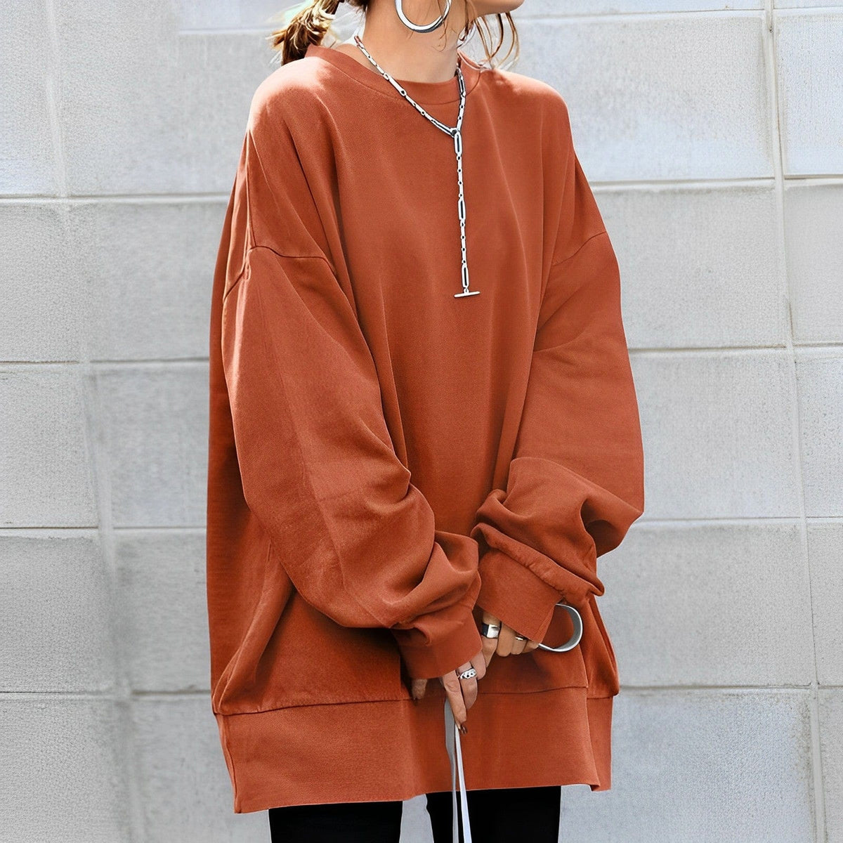 Women Sweatshirt | Oversized Fit with Crew Neck and Chest Pocket