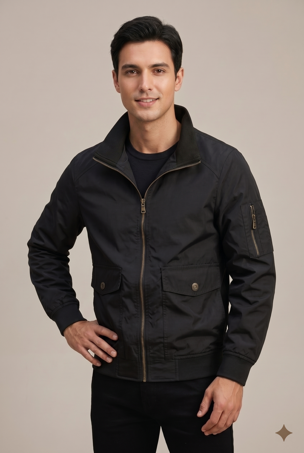 Men Jacket | Zip-Up Bomber with Stand Collar Flap Pockets