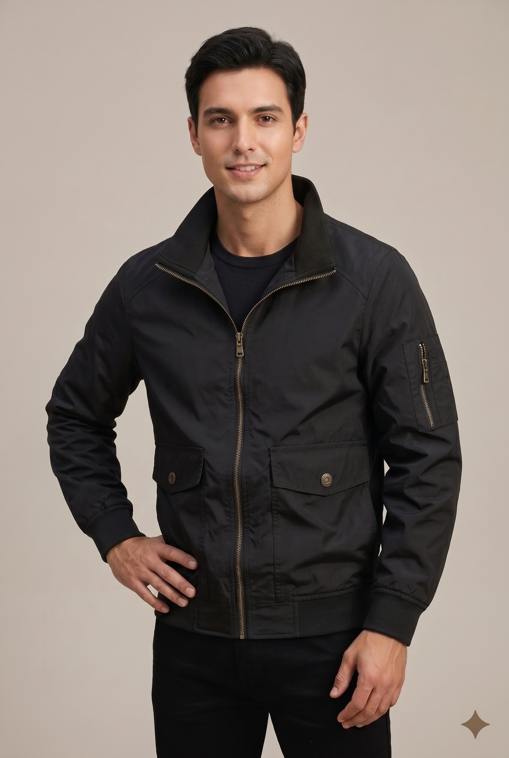 Men Jacket | Zip-Up Bomber with Stand Collar Flap Pockets