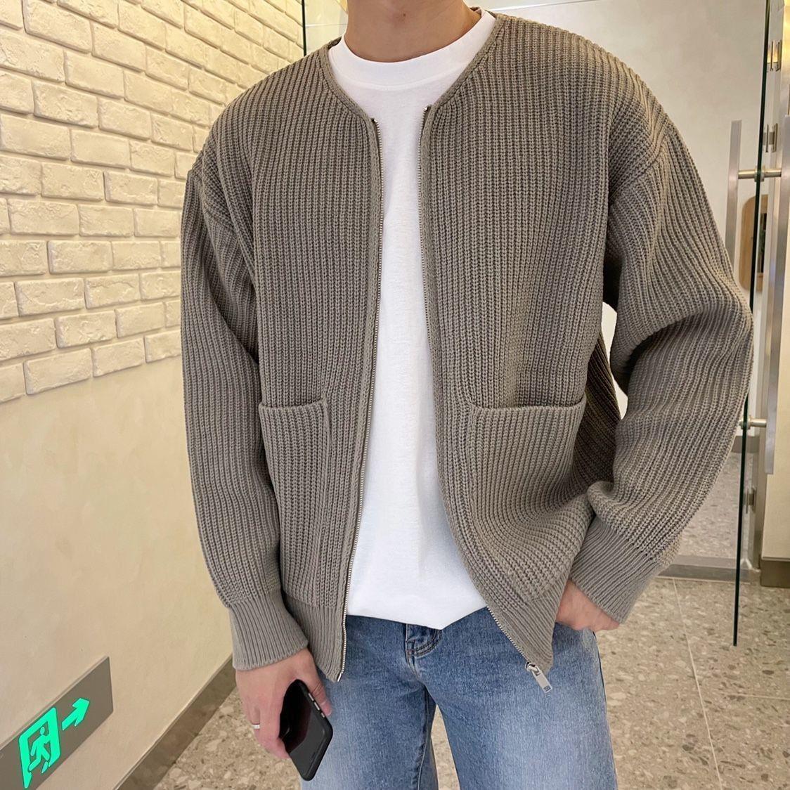 Men Cardigan | Zip-Up Crew Neck Ribbed Knit with Pockets