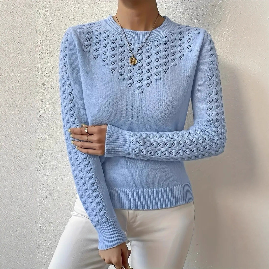 Women Sweatshirt | Crew Neck Pointelle Knit with Puff Shoulders