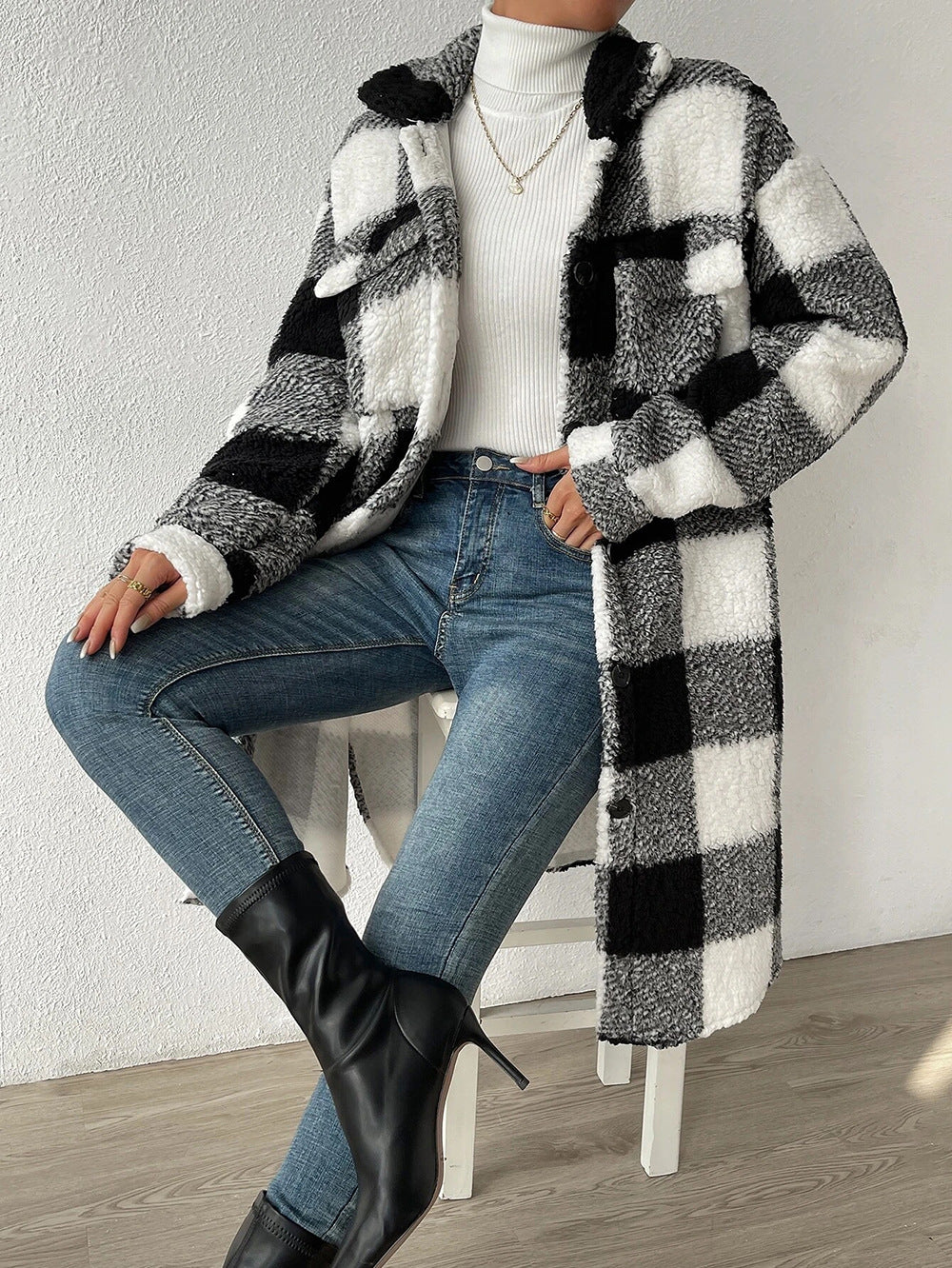 Women Coat | Longline Check Teddy with Button Front