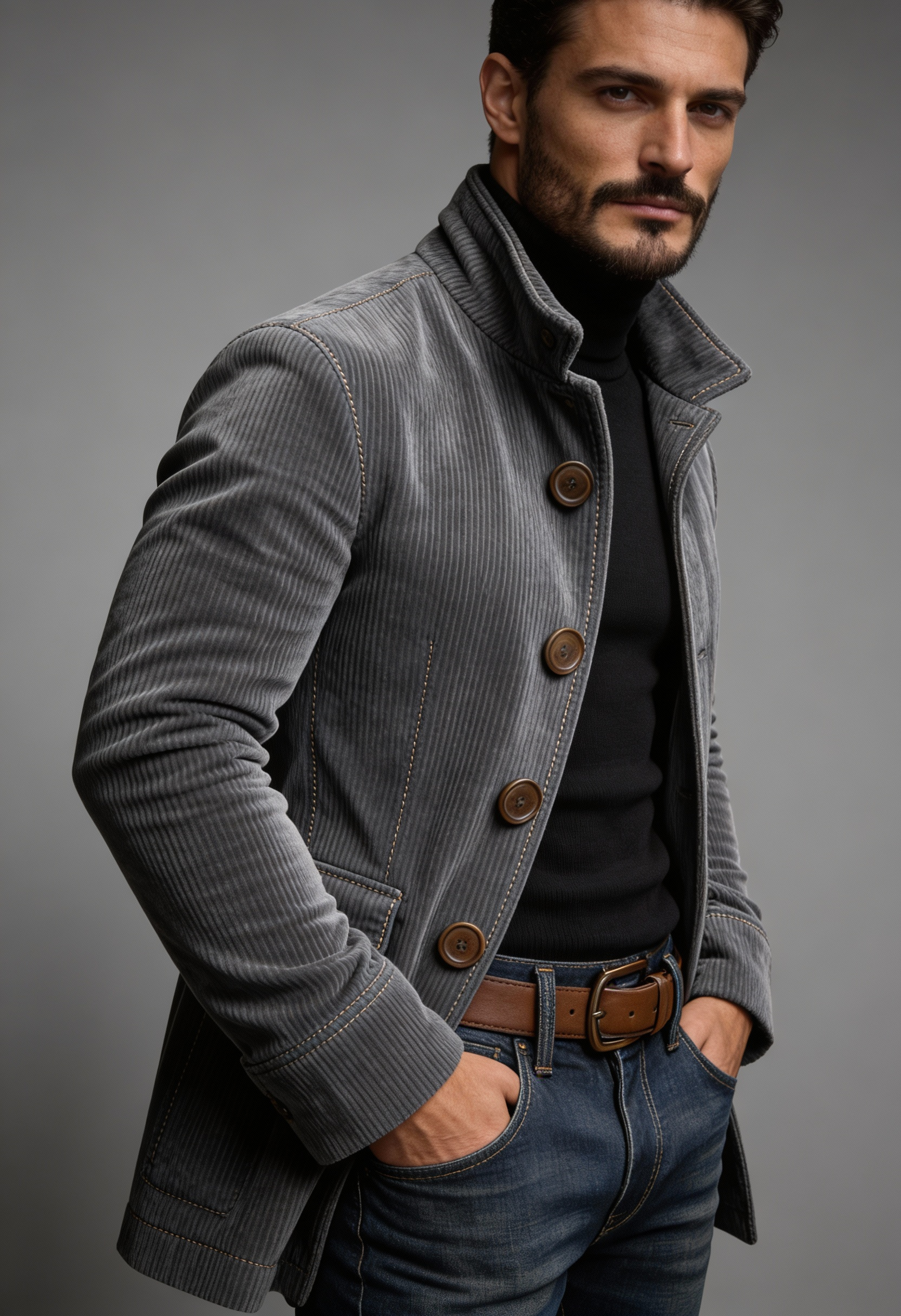 Men Jacket | Stand Collar Bomber with Ribbed Corduroy Texture