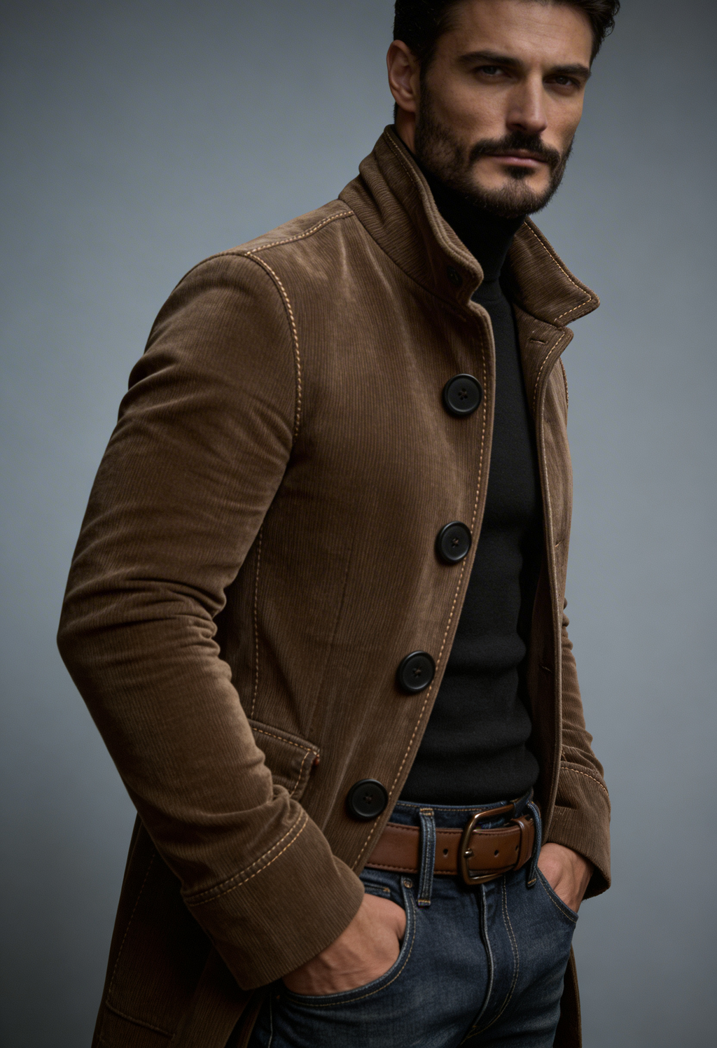 Men Jacket | Stand Collar Bomber with Ribbed Corduroy Texture