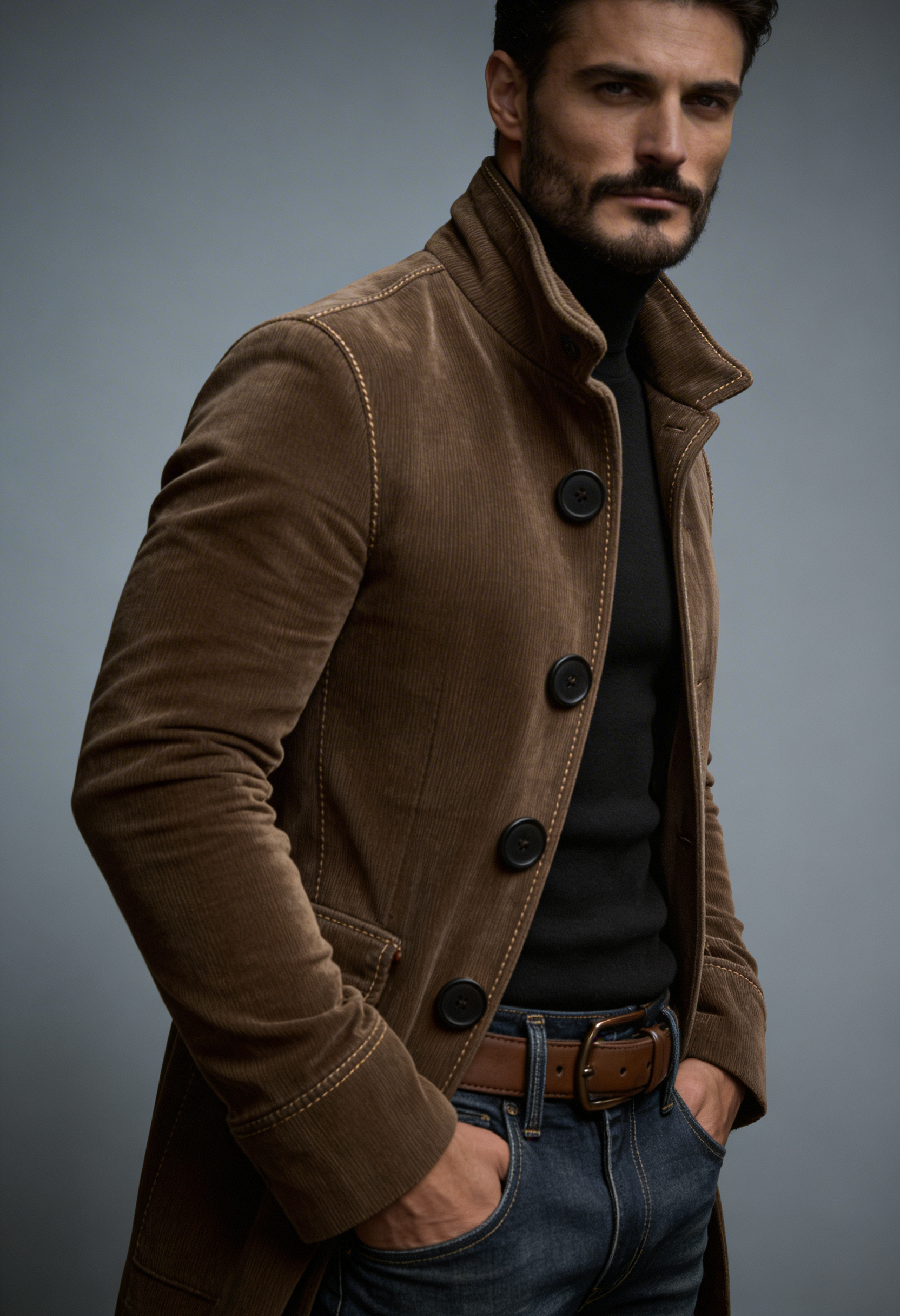 Men Jacket | Stand Collar Bomber with Ribbed Corduroy Texture