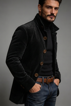 Men Jacket | Stand Collar Bomber with Ribbed Corduroy Texture