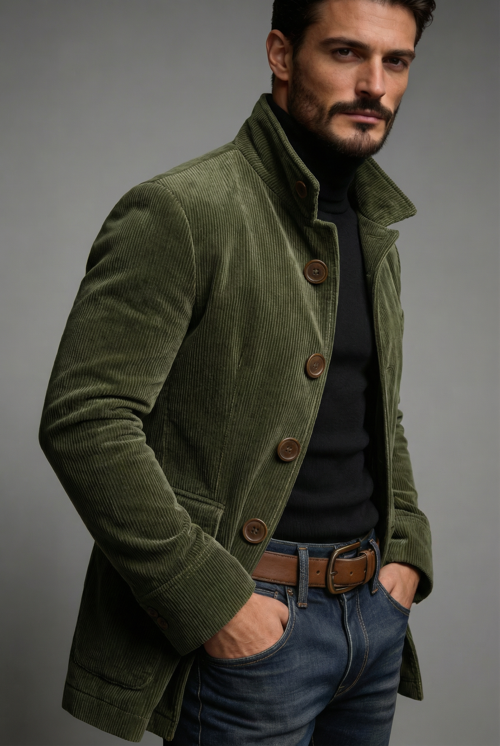 Men Jacket | Stand Collar Bomber with Ribbed Corduroy Texture