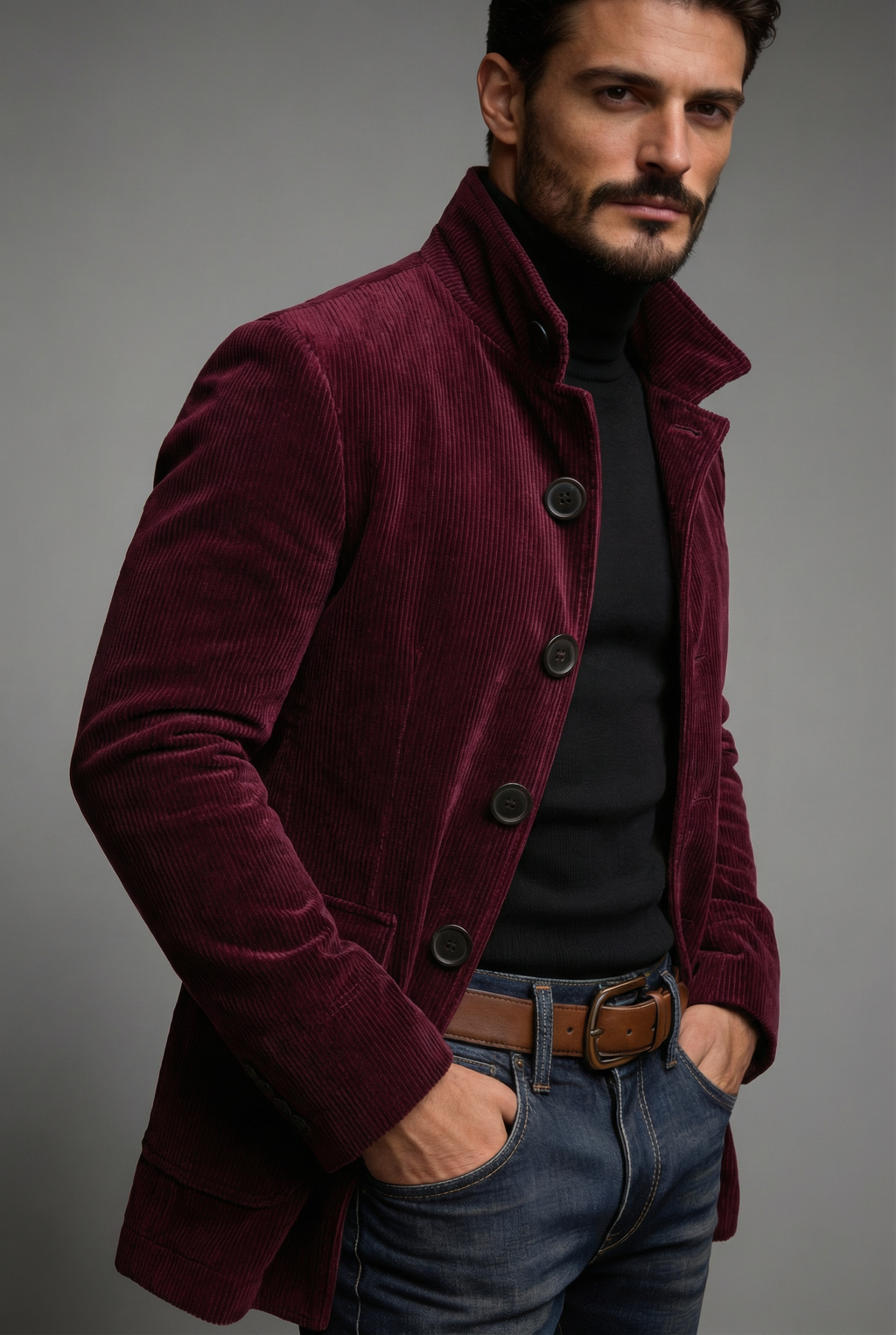 Men Jacket | Stand Collar Bomber with Ribbed Corduroy Texture