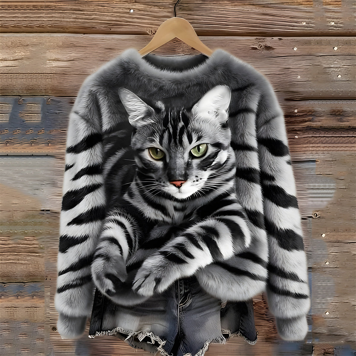 Women Sweater | Oversized Fit with Cat Photographic Print