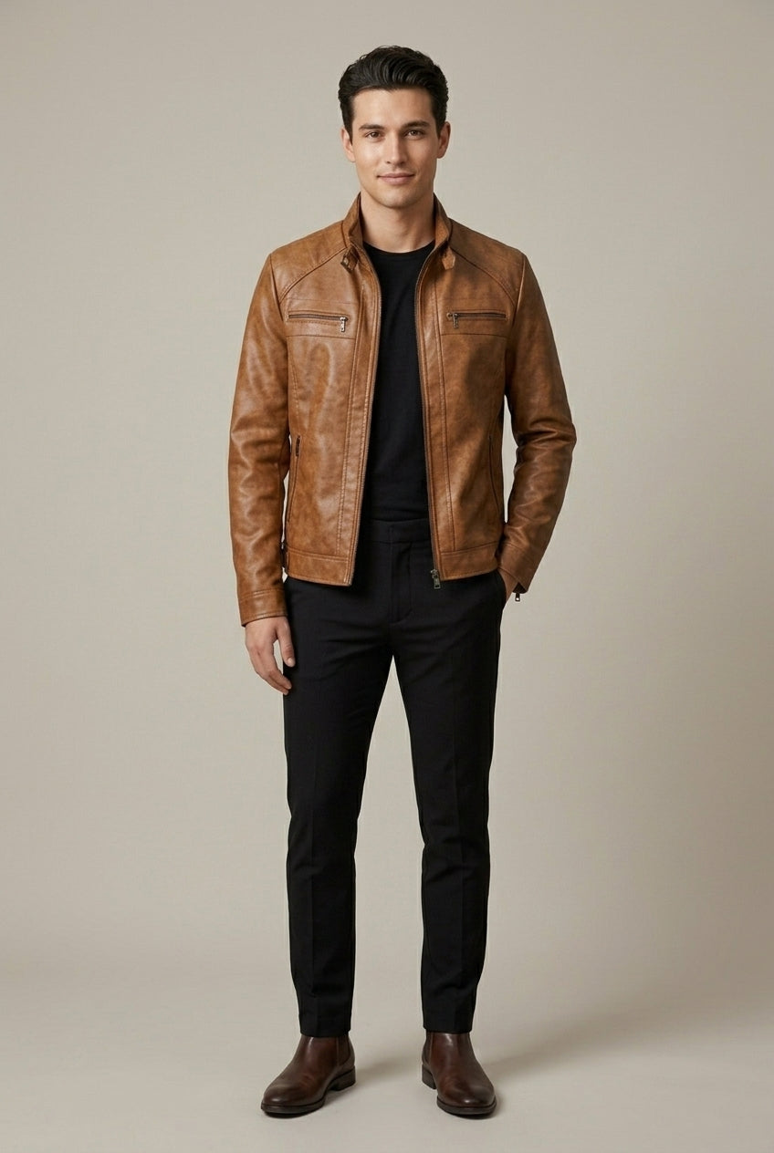 Men Jacket | Stand Collar Zip-Up with Quilted Shoulders