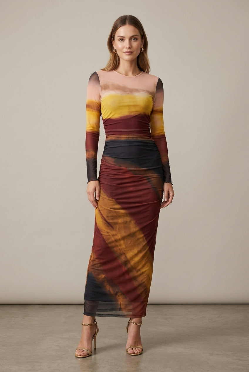 Women Dress | Bodycon Fit with Ruched Waist and Long Sleeves