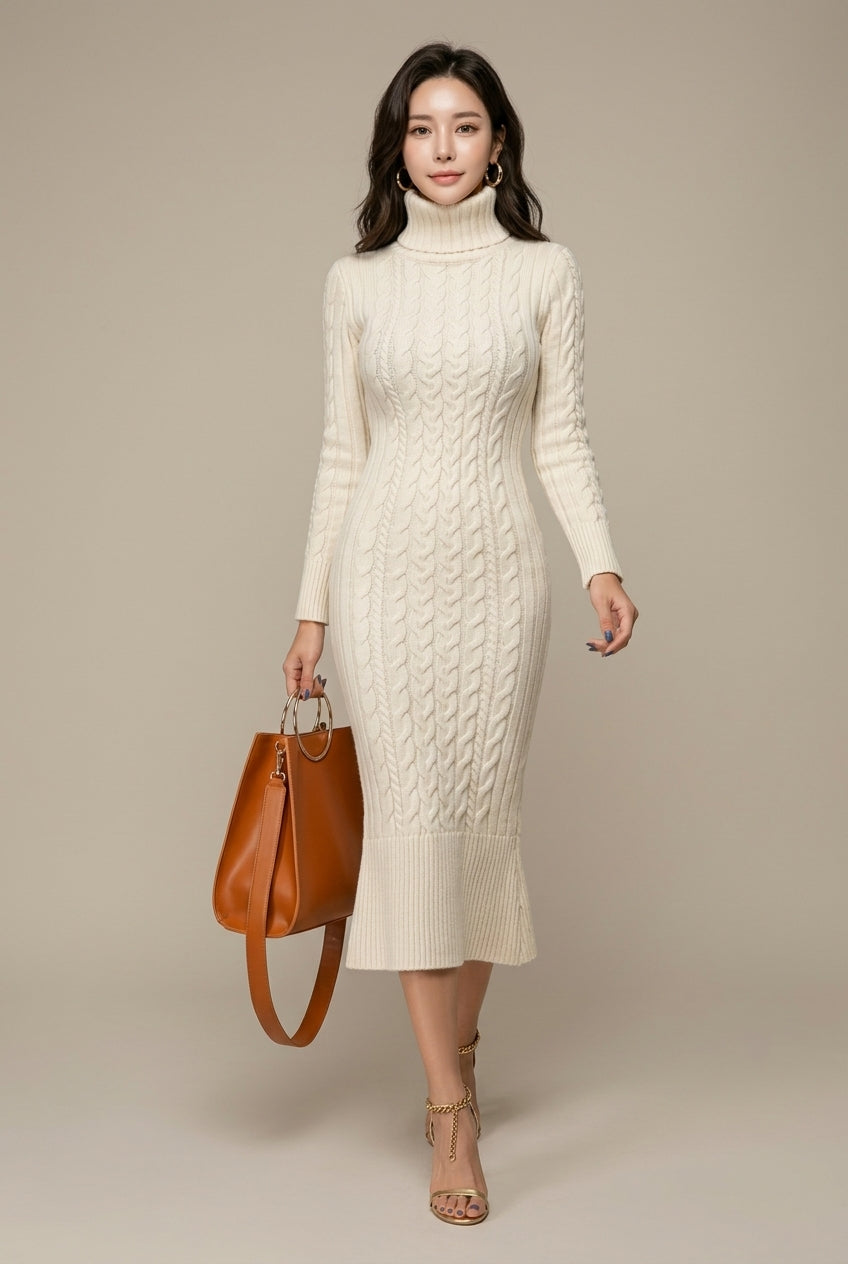 Women Dress | Cable Knit Turtleneck Bodycon Midi Length