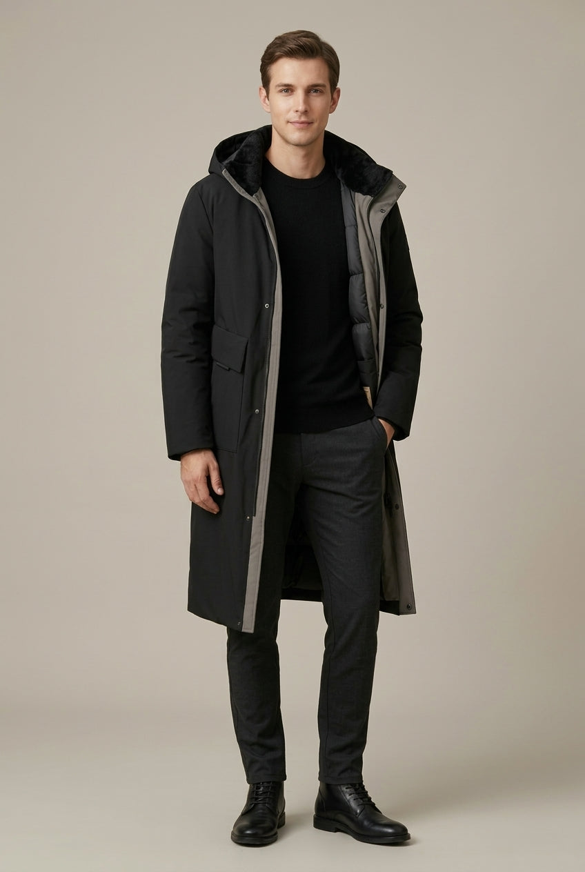 Men Coat | Longline Hooded Padded with Storm Flap Pockets
