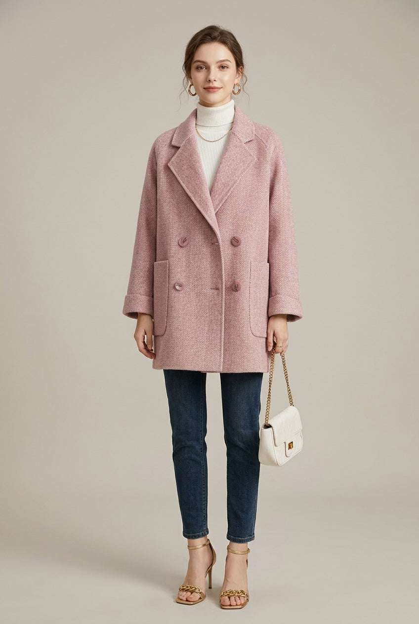 Women Coat | Double-Breasted Herringbone with Patch Pockets