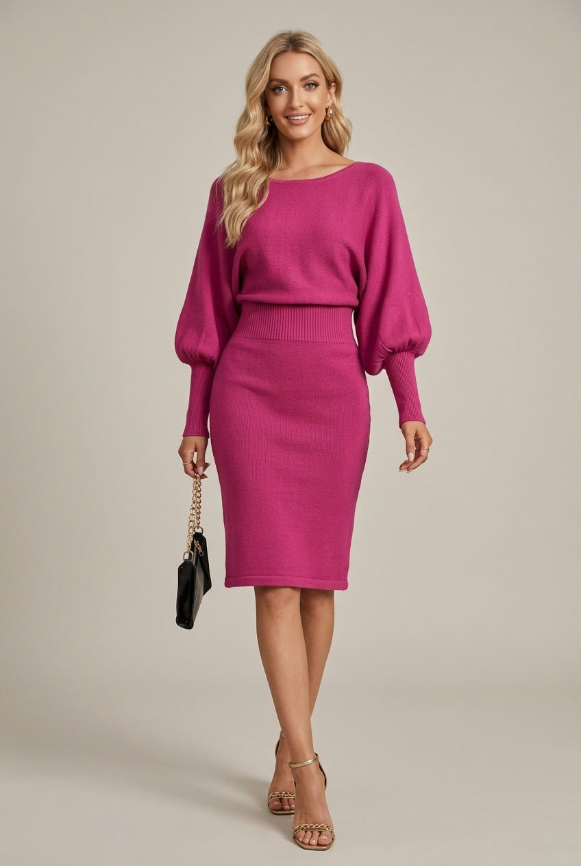 Women Dress | Ribbed Waist Balloon Sleeve Knit Midi Fit