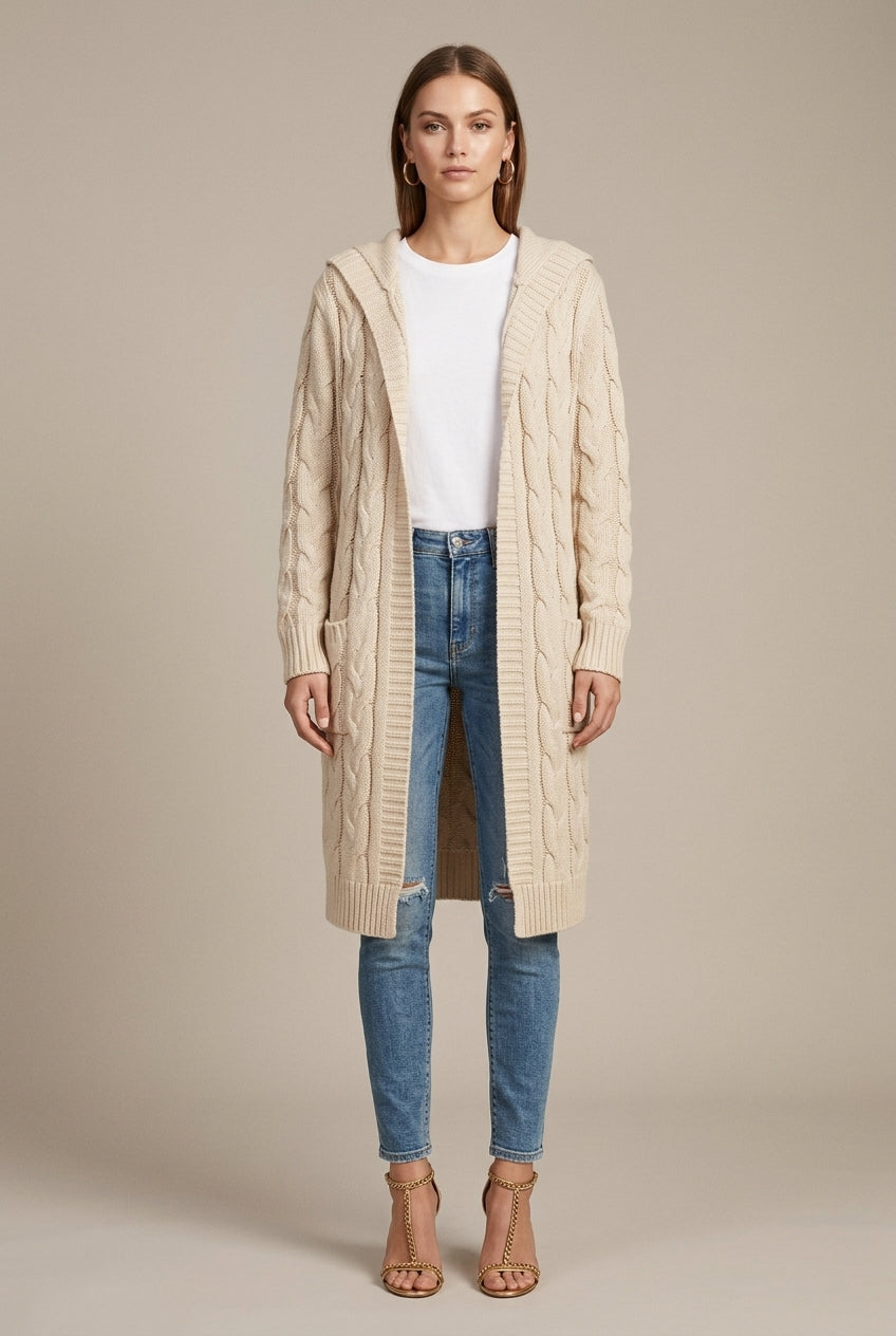 Women Cardigan | Cable Knit Hooded Open Front Long Length