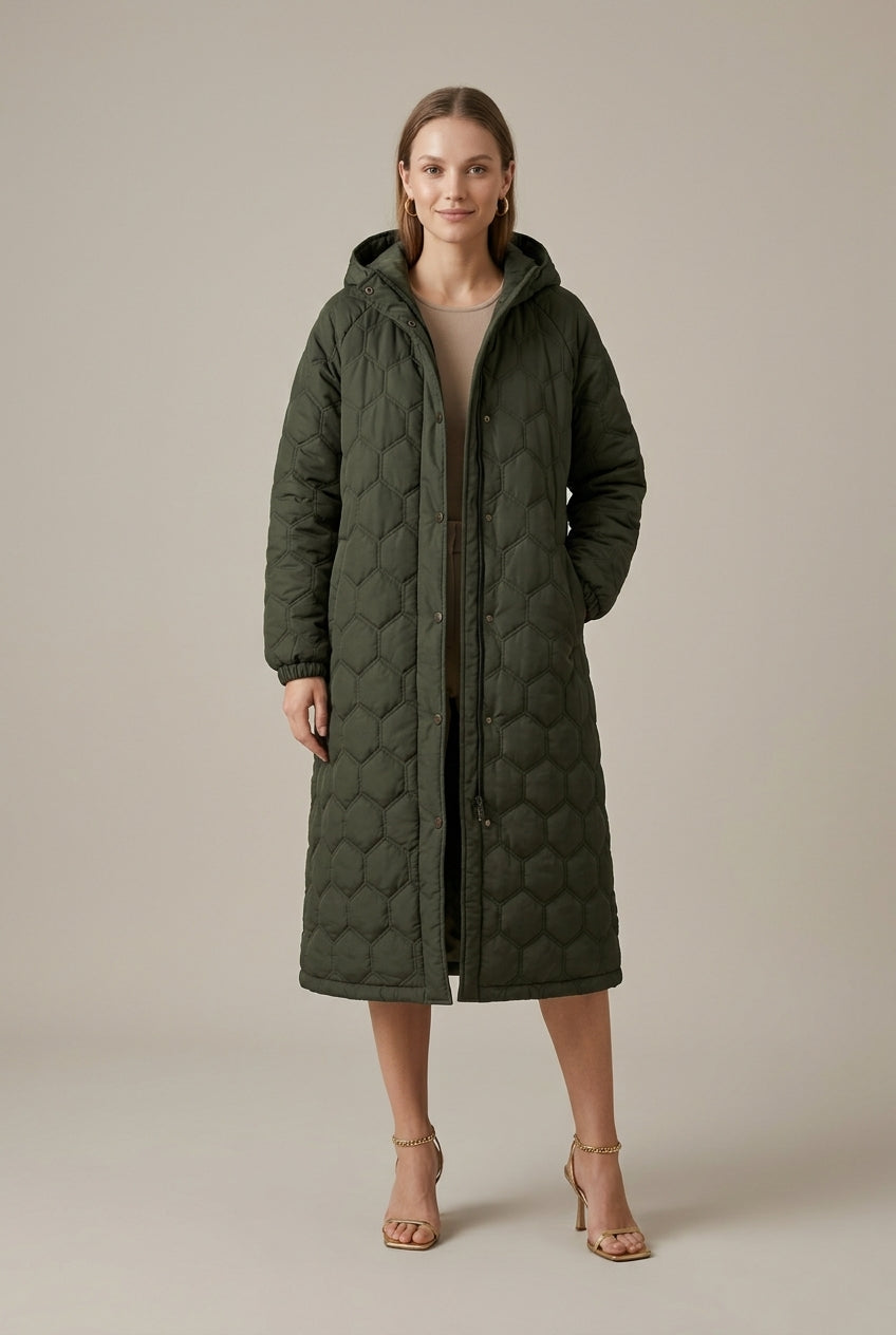 Women Coat | Relaxed Longline Fit with Plaid Hood Detail