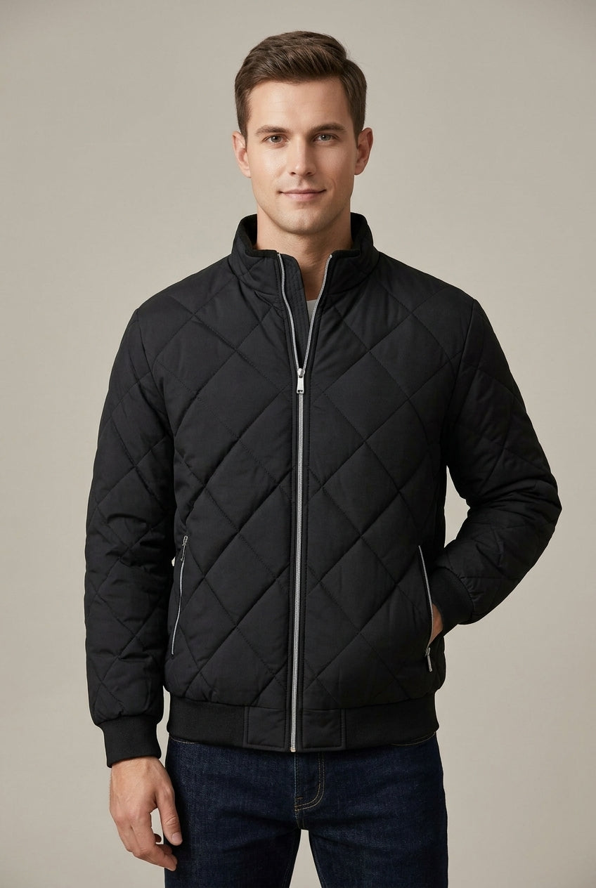 Men Jacket | Diamond Quilted Stand Collar with Front Zip