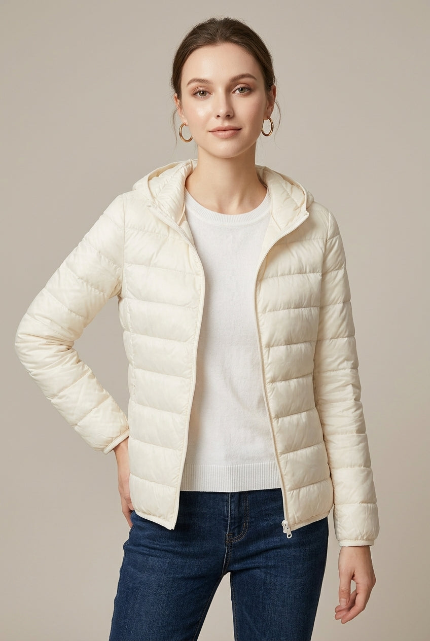 Women Puffer Jacket | Hooded Full-Zip with Quilted Channels