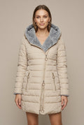 Women Puffer Jacket | Hooded Sherpa-Lined Mid-Length Zip