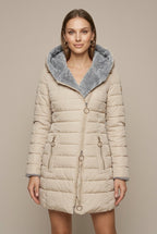 Women Puffer Jacket | Hooded Sherpa-Lined Mid-Length Zip
