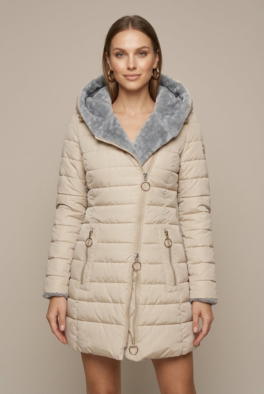 Women Puffer Jacket | Hooded Sherpa-Lined Mid-Length Zip