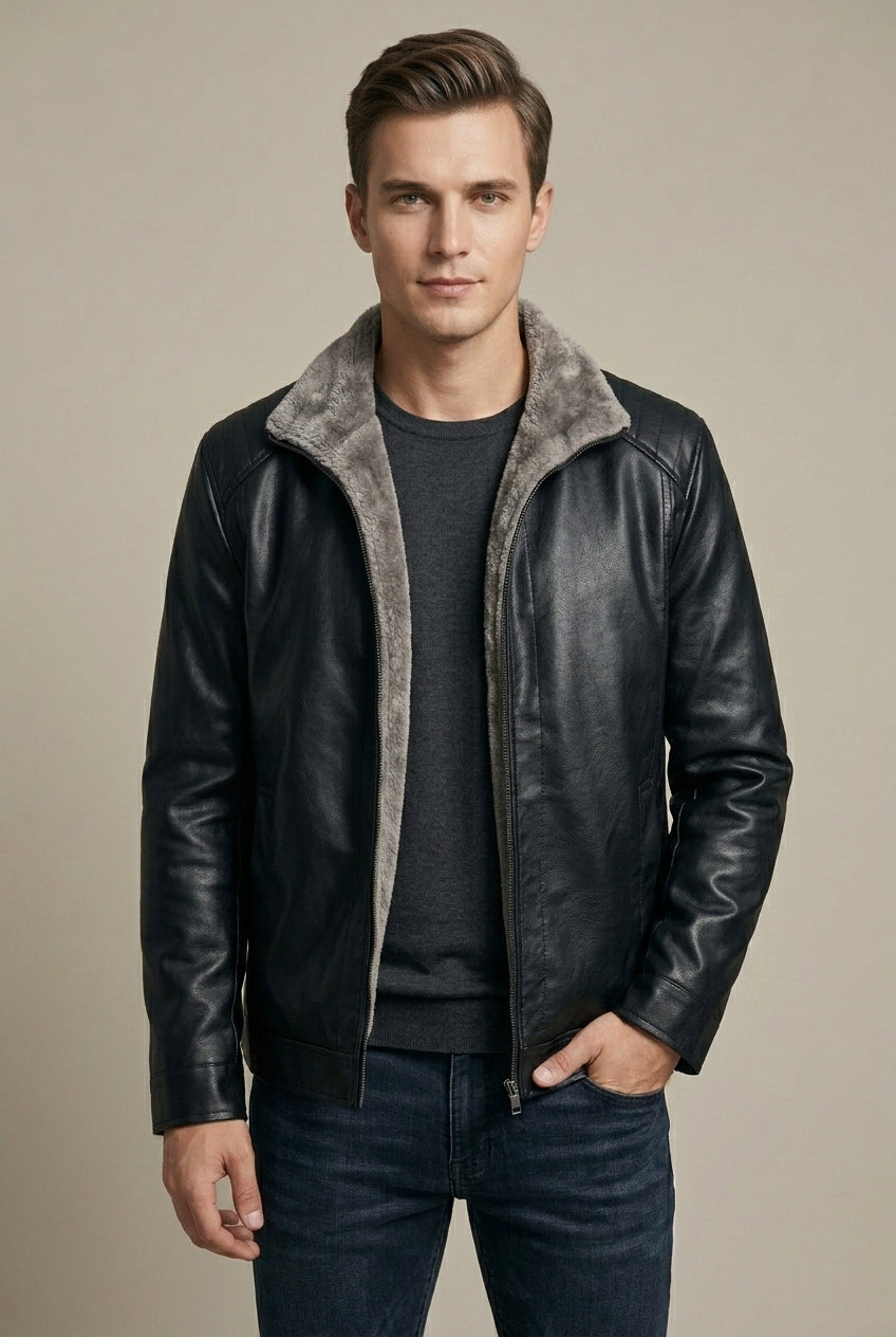 Men Jacket | Faux Leather Biker with Fleece-Lined Interior