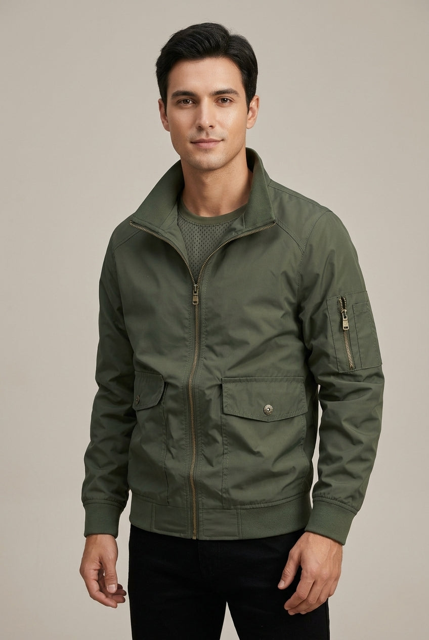 Men Jacket | Zip-Up Bomber with Stand Collar Flap Pockets