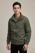 Men Jacket | Zip-Up Bomber with Stand Collar Flap Pockets