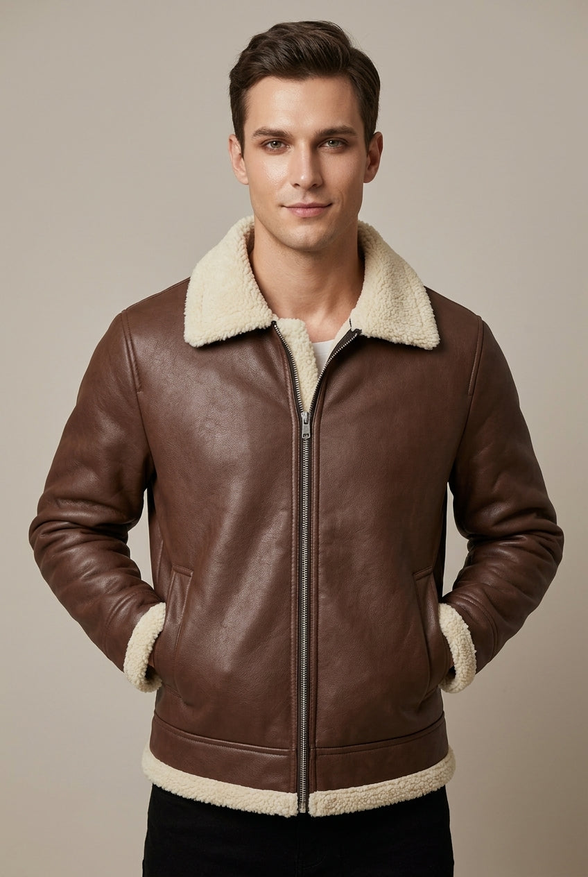 Men Jacket | Shearling-Lined Aviator with Zip Front Closure