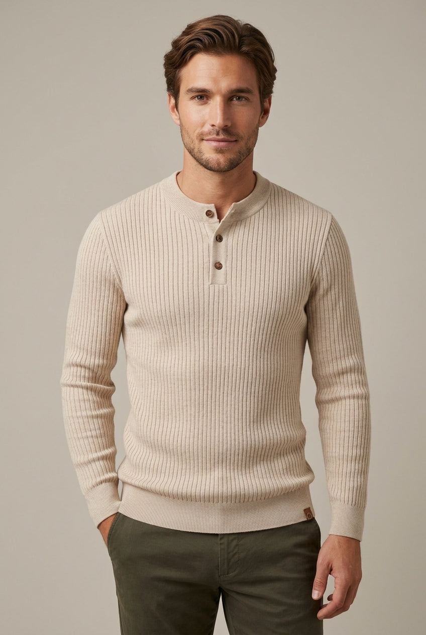 Men Sweater | Henley Neck Ribbed Knit Long Sleeve Fitted