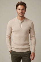 Men Sweater | Henley Neck Ribbed Knit Long Sleeve Fitted