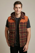 Men Cardigan | Quilted Hooded Vest with Plaid Colour Block