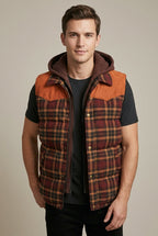Men Cardigan | Quilted Hooded Vest with Plaid Colour Block