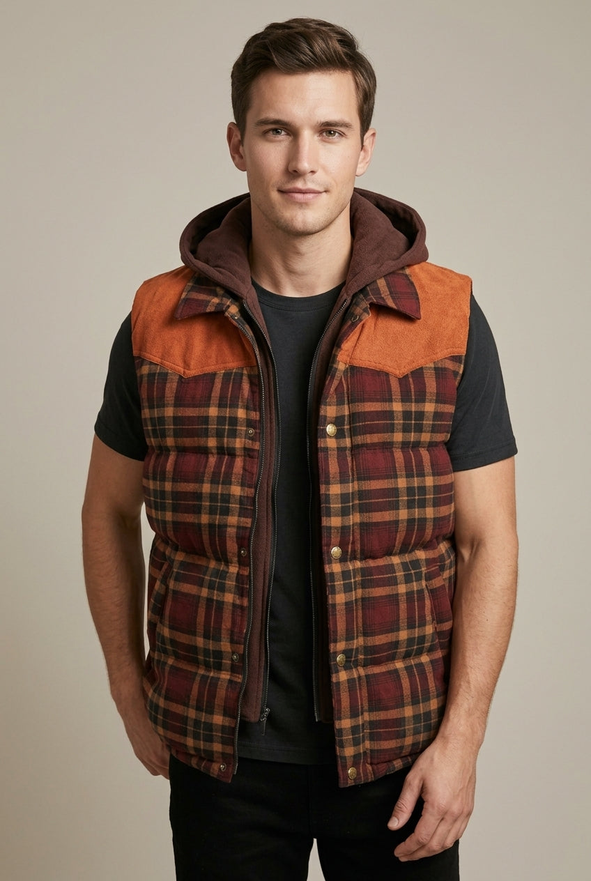 Men Cardigan | Quilted Hooded Vest with Plaid Colour Block