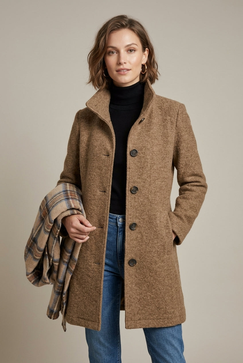 Women Coat | Notch Collar Button-Front Mid-Length Fit