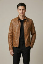 Men Jacket | Stand Collar Zip-Up with Quilted Shoulders
