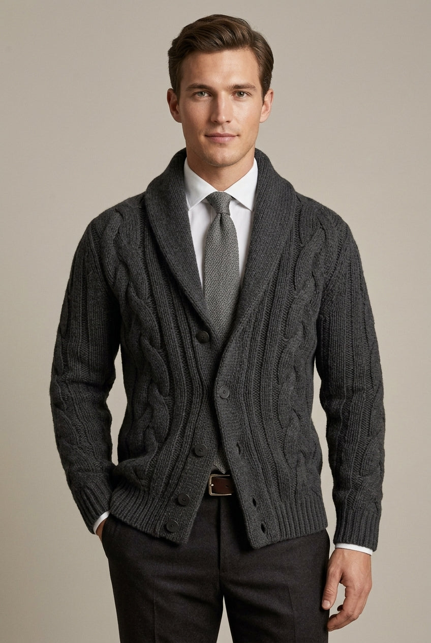 Men Cardigan | Shawl Collar Cable Knit Button-Front Regular Fit